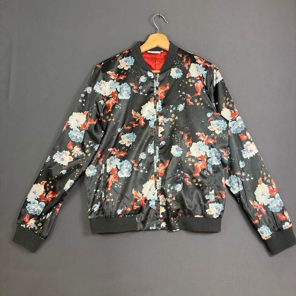 KAFFE Floral Satin Bomber Jacket Black Zip Lightweight Women's Small EU 36